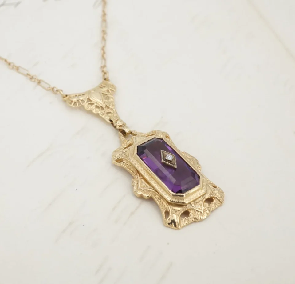 Vintage Amethyst Drop Pendant Necklace, 14k Yellow Gold, 16", view 2
