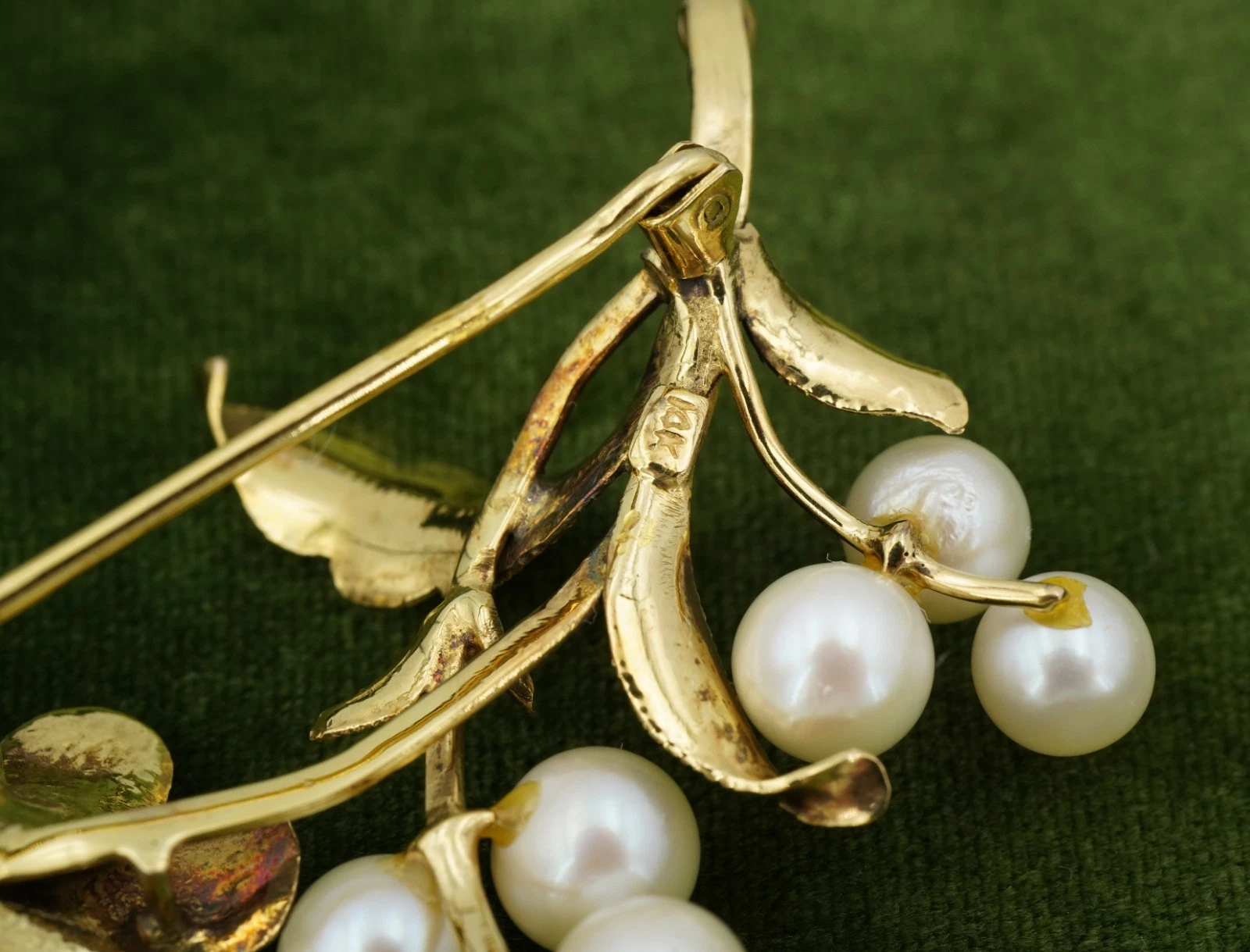 Vintage Turquoise and Pearl Flower Spray Brooch, 14k Yellow Gold, view 5
