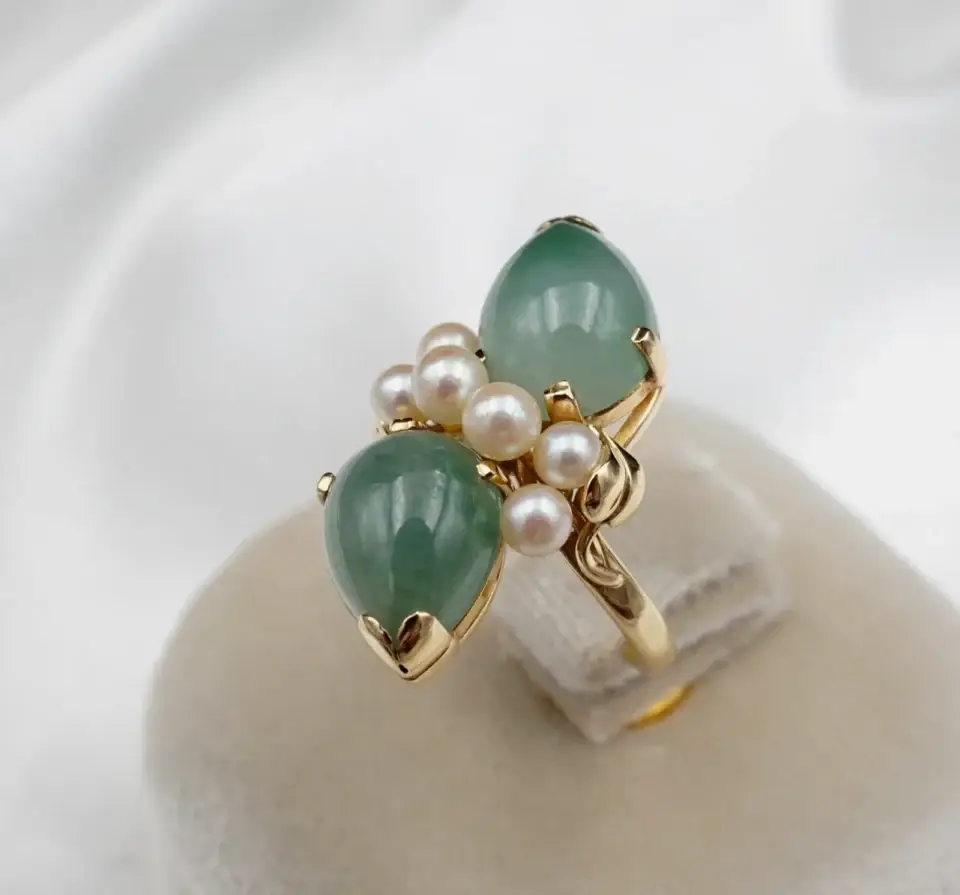 Vintage Ming's Jade and Pearl Bypass Ring, 14k Yellow Gold