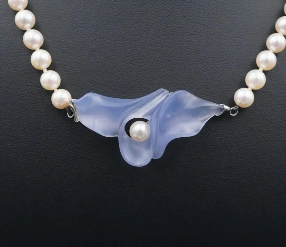 Steve Walters Carved Chalcedony and Pearl Necklace, 14k Gold, 18"