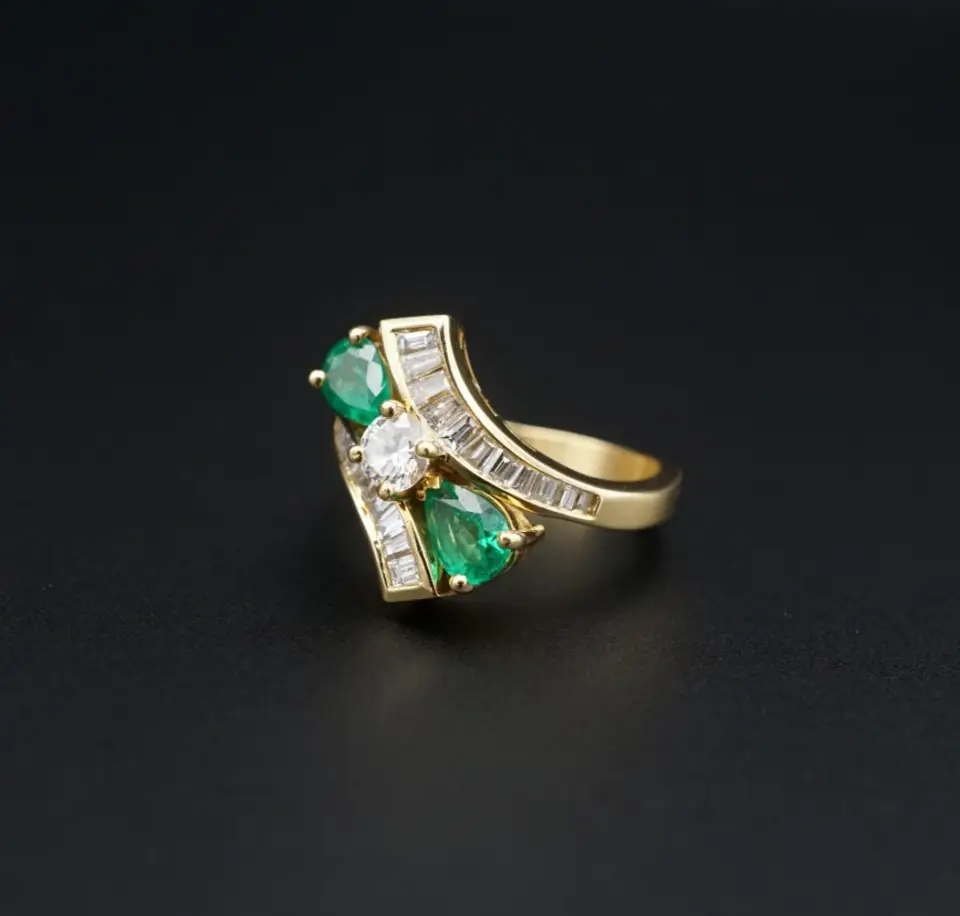 Vintage Natural Emerald and Diamond Bypass Ring, 1.5 Ct, 14k Gold, view 2