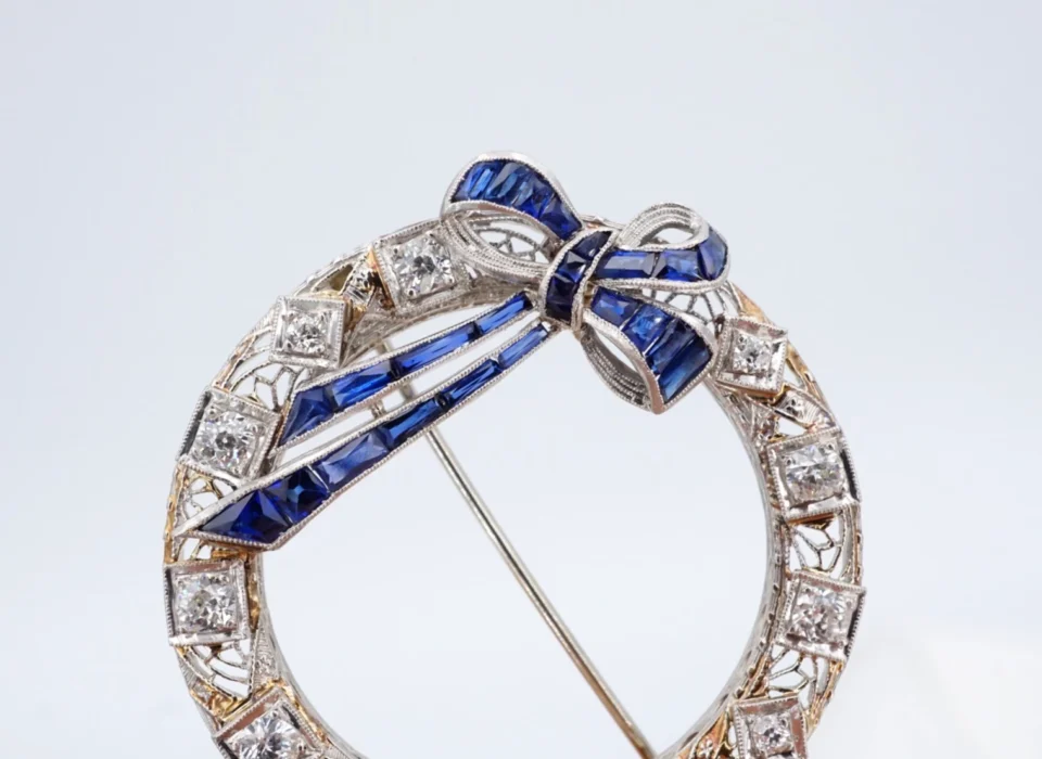 Antique Diamond and Sapphire Wreath Bow Brooch, 14k White Gold