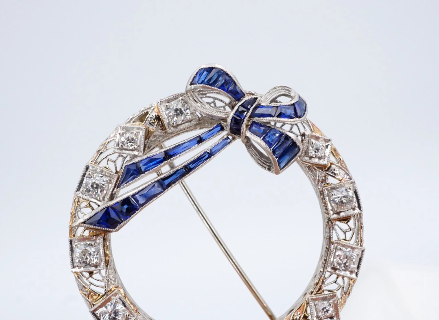 Antique Diamond and Sapphire Wreath Bow Brooch, 14k White Gold, view 1