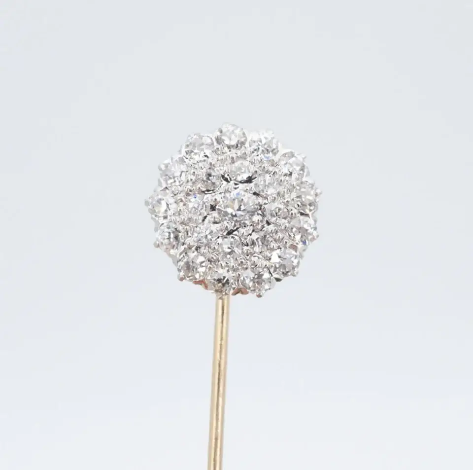 Antique Mine Cut Diamond Stick Pin, Platinum and 14k Gold, view 2