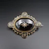 Victorian Onyx and Pearl Mourning Brooch, 10k Yellow Gold, view 1