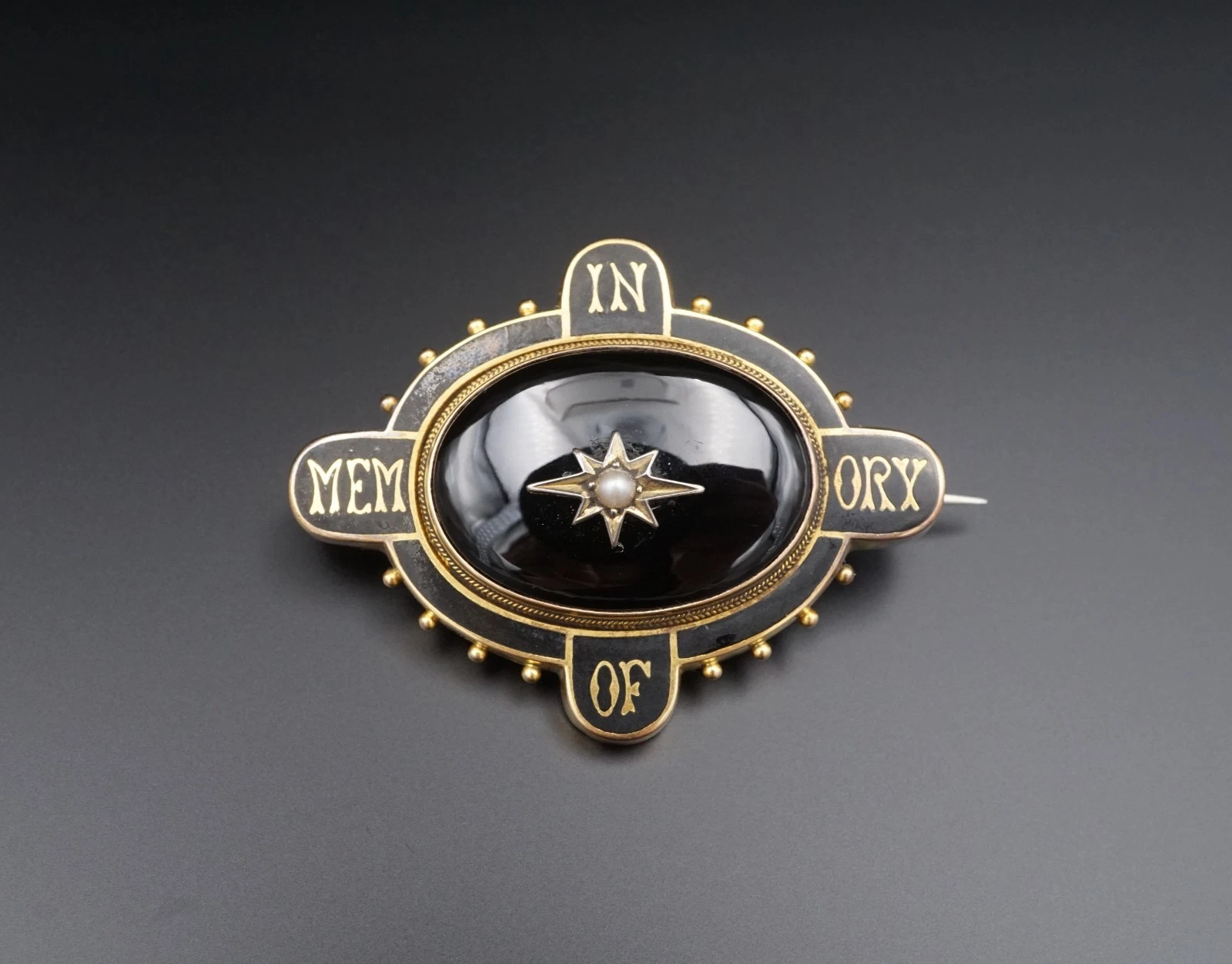 Victorian Onyx and Pearl Mourning Brooch, 10k Yellow Gold, view 1