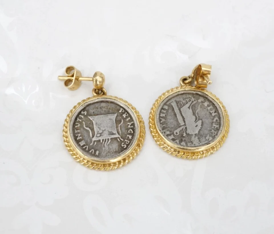 Ancient Roman Domitian Silver Denarius Earrings, 18k Gold, view 2