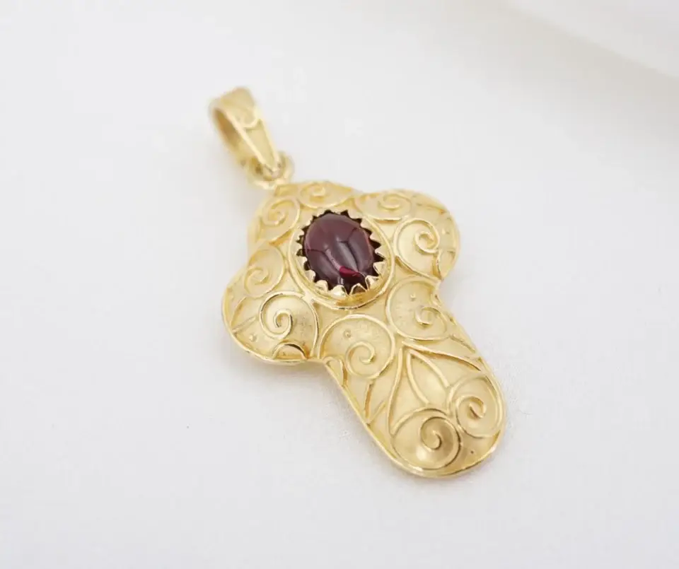 Vintage Italian Rhodolite Garnet Puffy Cross Pendant, 18k Gold