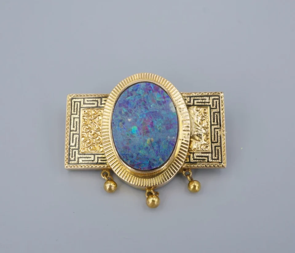 Antique Black Opal Doublet and Enamel Brooch, 14k Yellow Gold, view 2