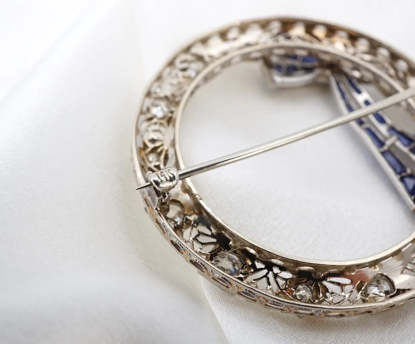 Antique Diamond and Sapphire Wreath Bow Brooch, 14k White Gold, view 3