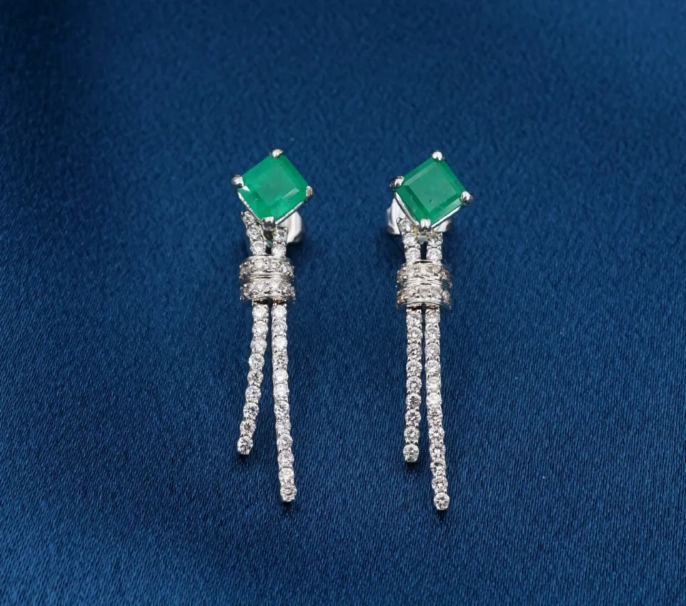 Vintage Natural Emerald and Diamond Drop Earrings, 2.6 Ct, 14k White Gold, view 2
