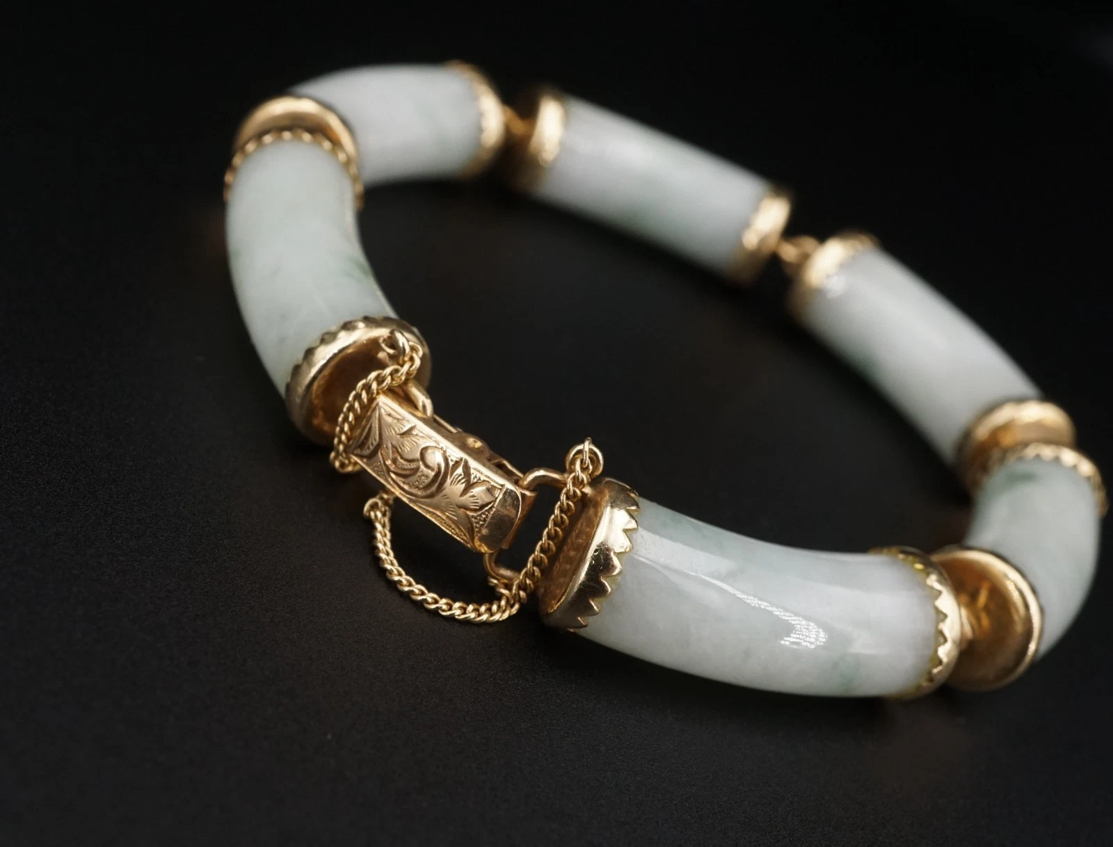 Vintage Ming's Jade Articulated Link Bracelet, 14k Yellow Gold, view 4