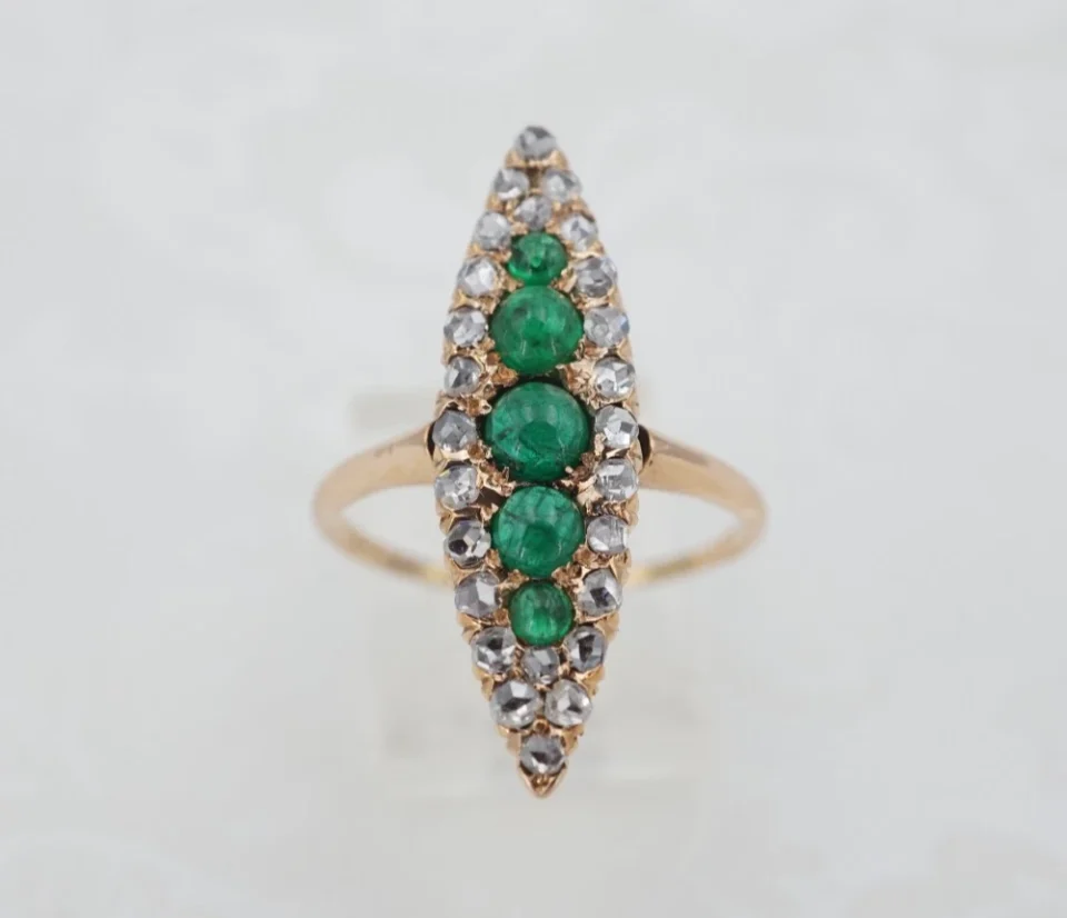 Antique Natural Emerald and Diamond Navette Halo Ring, 1 Ct, view 2
