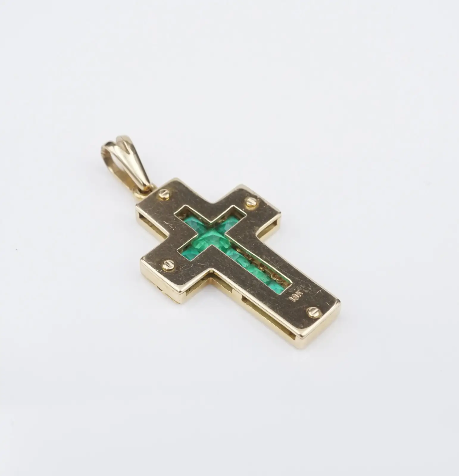 Vintage Handmade Emerald Cross Pendant, 18k Yellow Gold, view 3