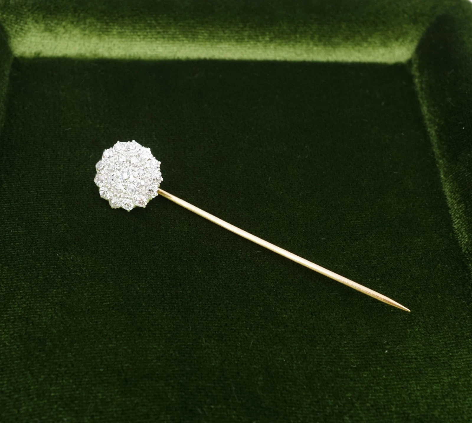 Antique Mine Cut Diamond Stick Pin, Platinum and 14k Gold, view 3