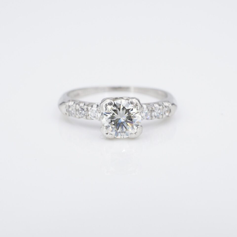 Vintage Round Diamond Engagement Ring, 1 Ctw, Platinum, view 2