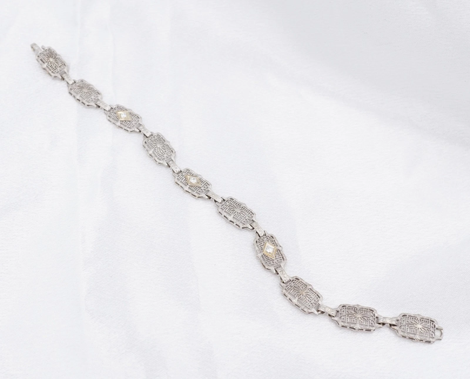 Art Deco Diamond Filigree Panel Bracelet, 14k White Gold, view 5