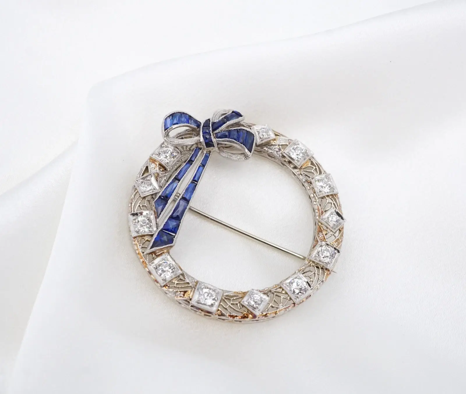 Antique Diamond and Sapphire Wreath Bow Brooch, 14k White Gold, view 2