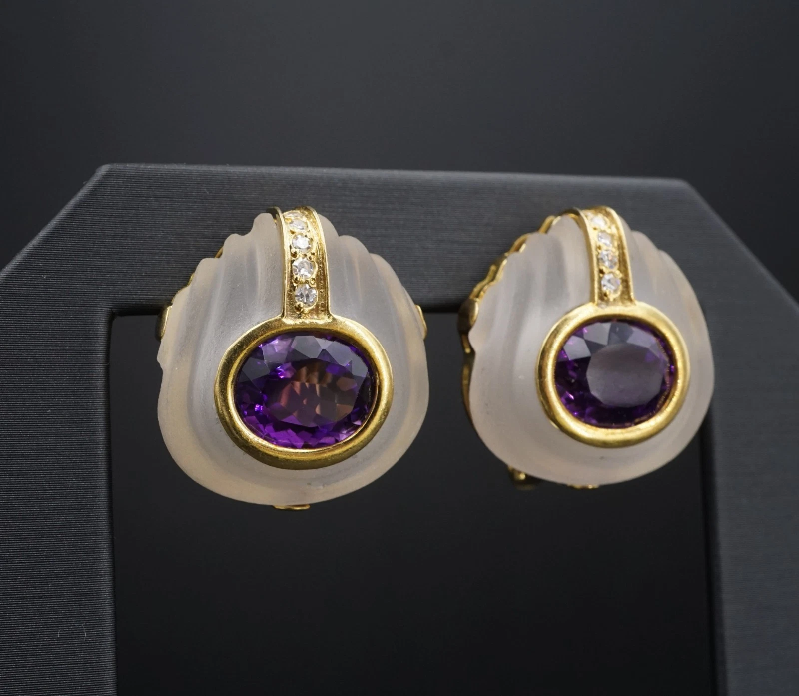 Estate Carved Rock Crystal, Amethyst and Diamond Earrings, 18k Gold, view 1
