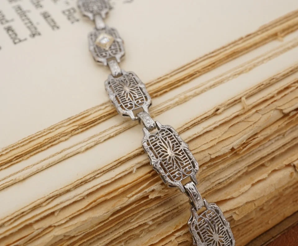 Art Deco Diamond Filigree Panel Bracelet, 14k White Gold