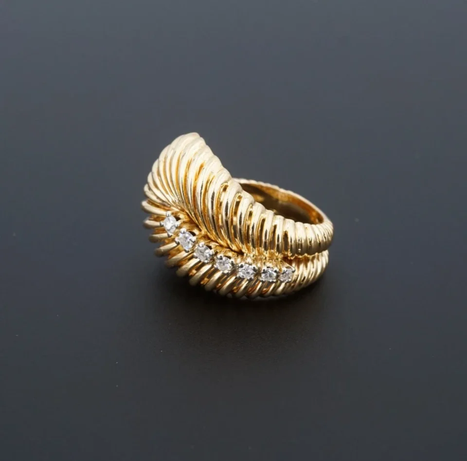 Vintage Openwork Leaf Diamond Statement Ring, 14k Yellow Gold