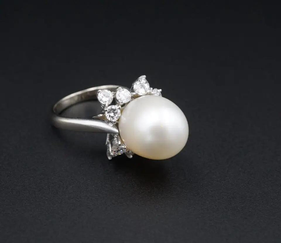 Vintage 11mm Pearl and Diamond Halo Cocktail Ring, 18k White Gold