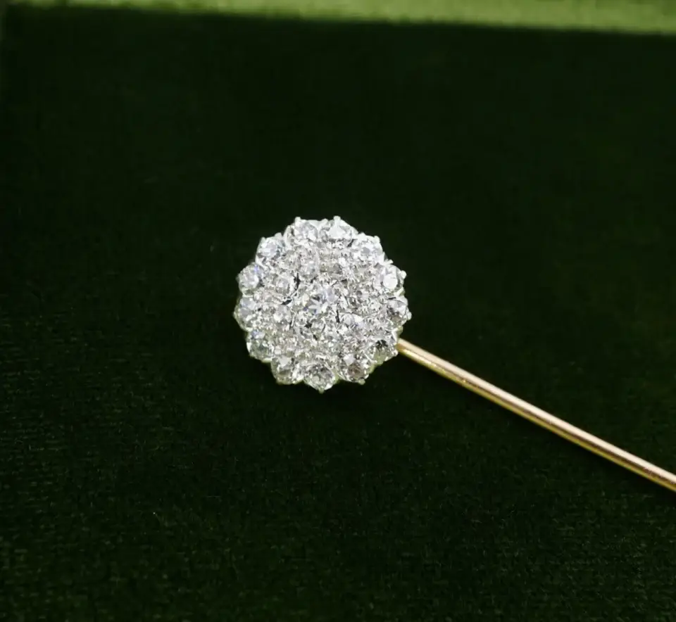 Antique Mine Cut Diamond Stick Pin, Platinum and 14k Gold
