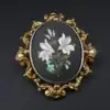 Victorian Pietra Dura Floral Inlay Brooch, 9k Yellow Gold, view 4