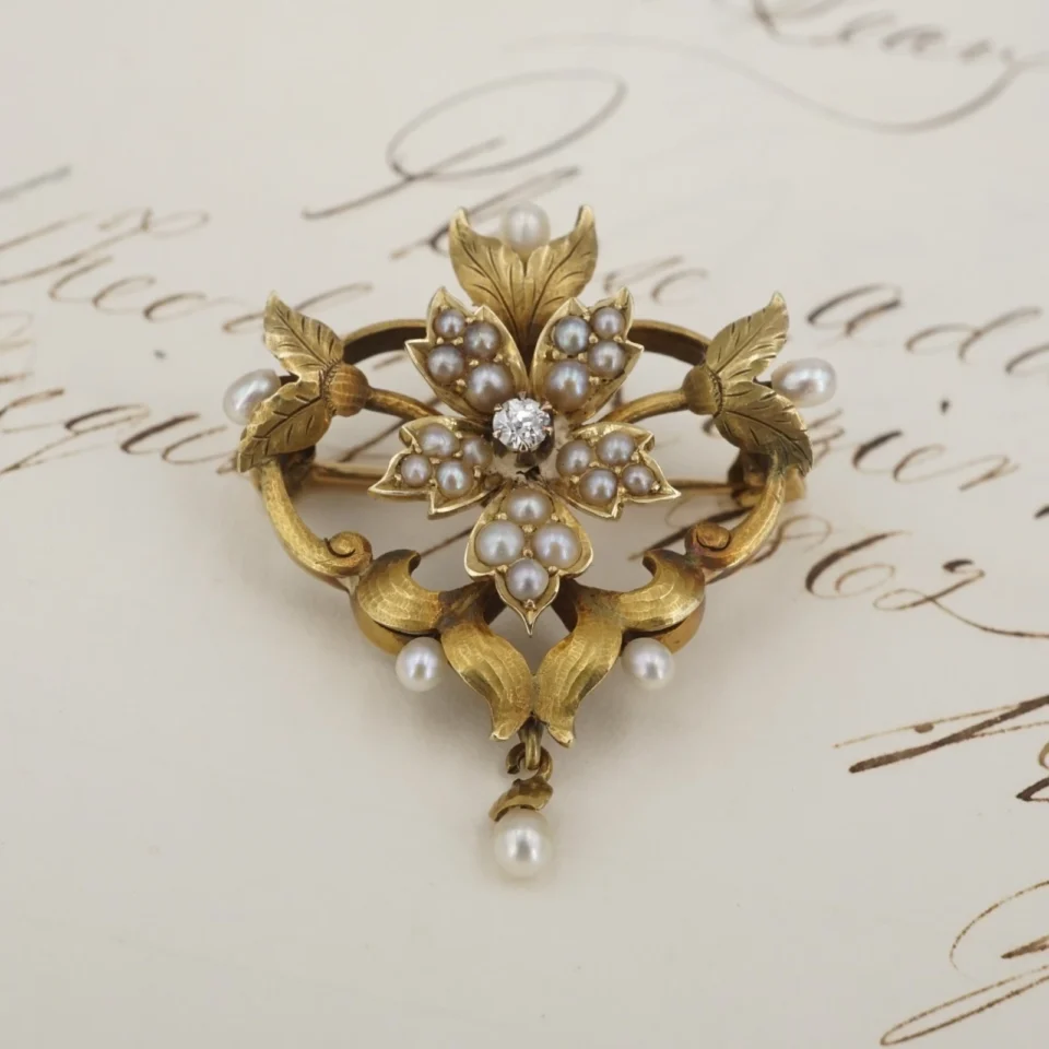 Art Nouveau Seed Pearl and Diamond Brooch, 14k Yellow Gold