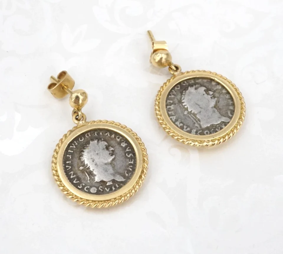 Ancient Roman Domitian Silver Denarius Earrings, 18k Gold