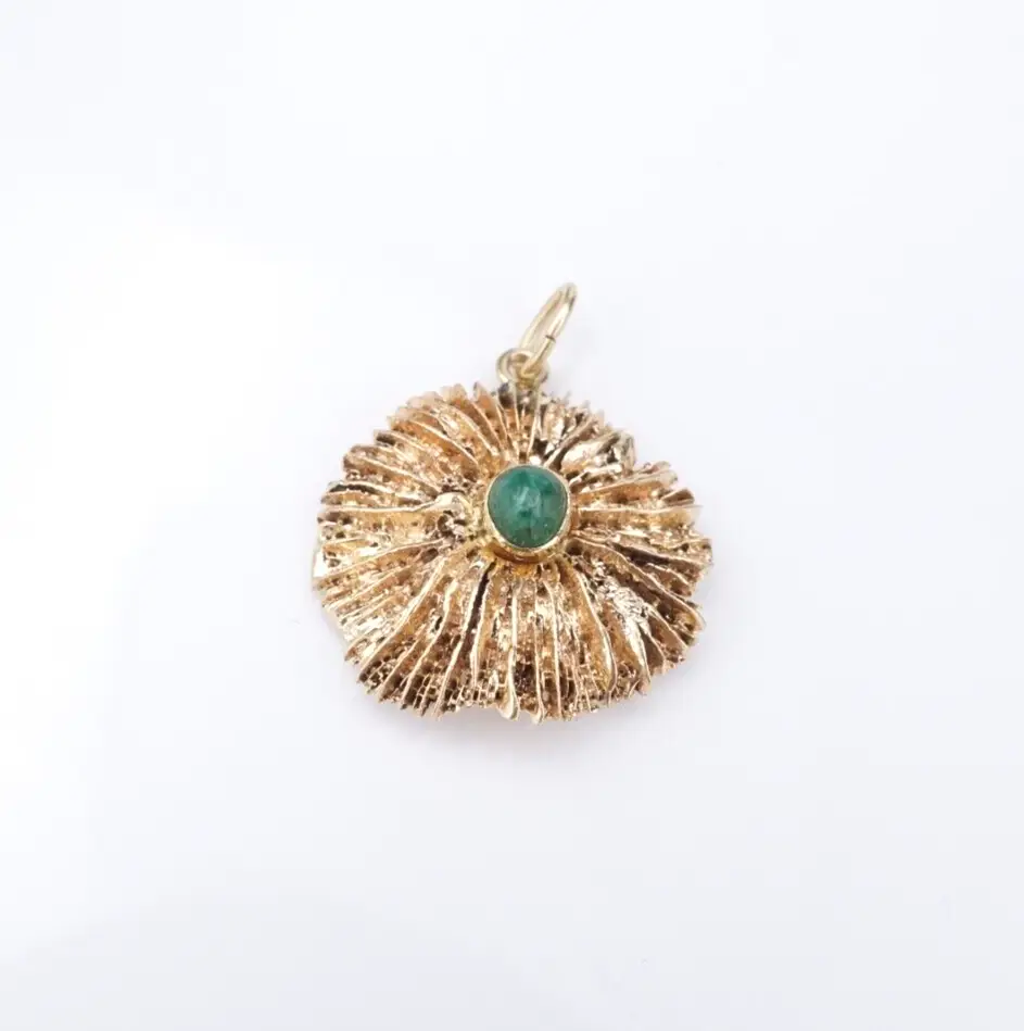 Brutalist Emerald Cabochon Pendant, 14k Yellow Gold