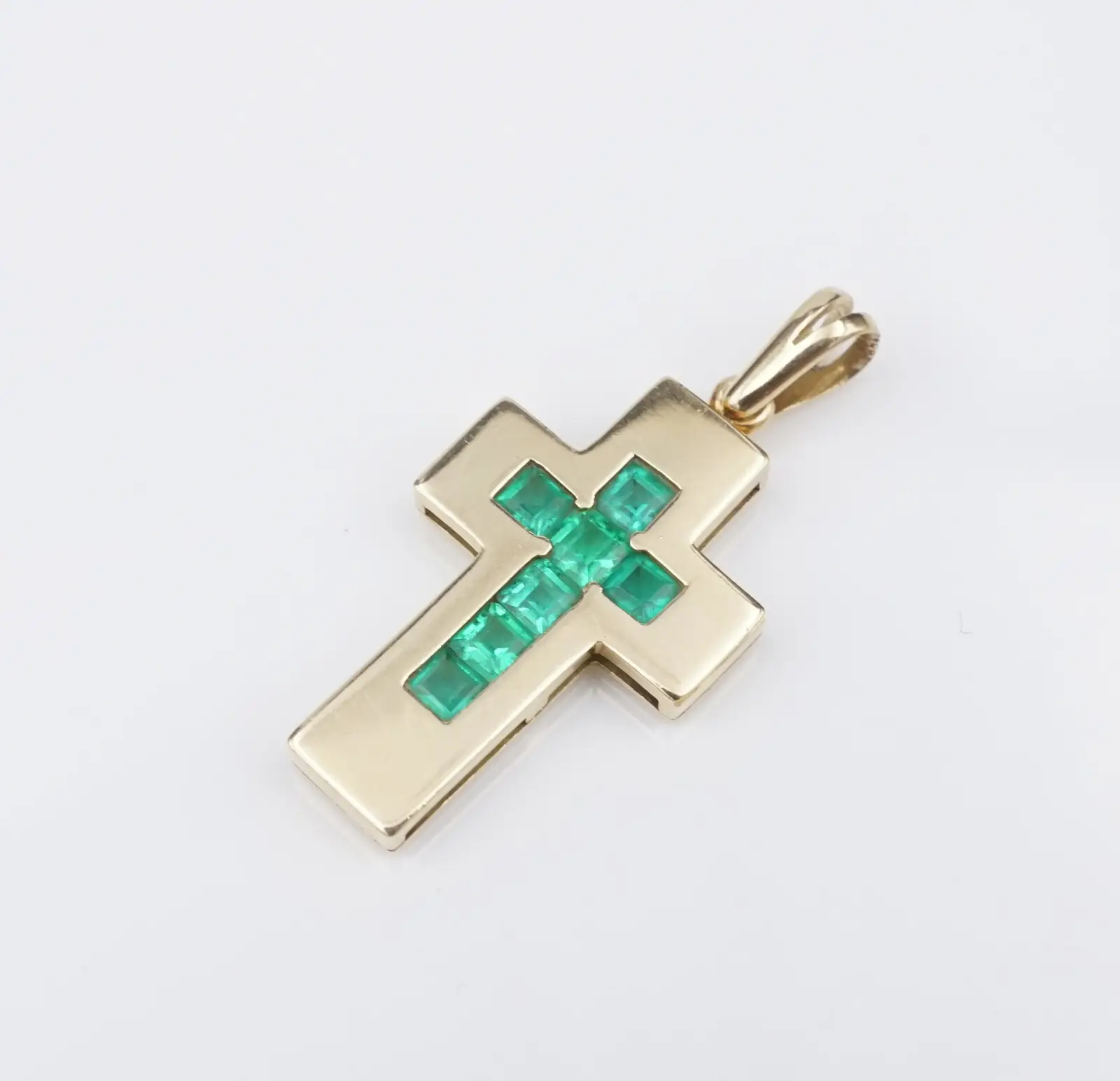 Vintage Handmade Emerald Cross Pendant, 18k Yellow Gold, view 2