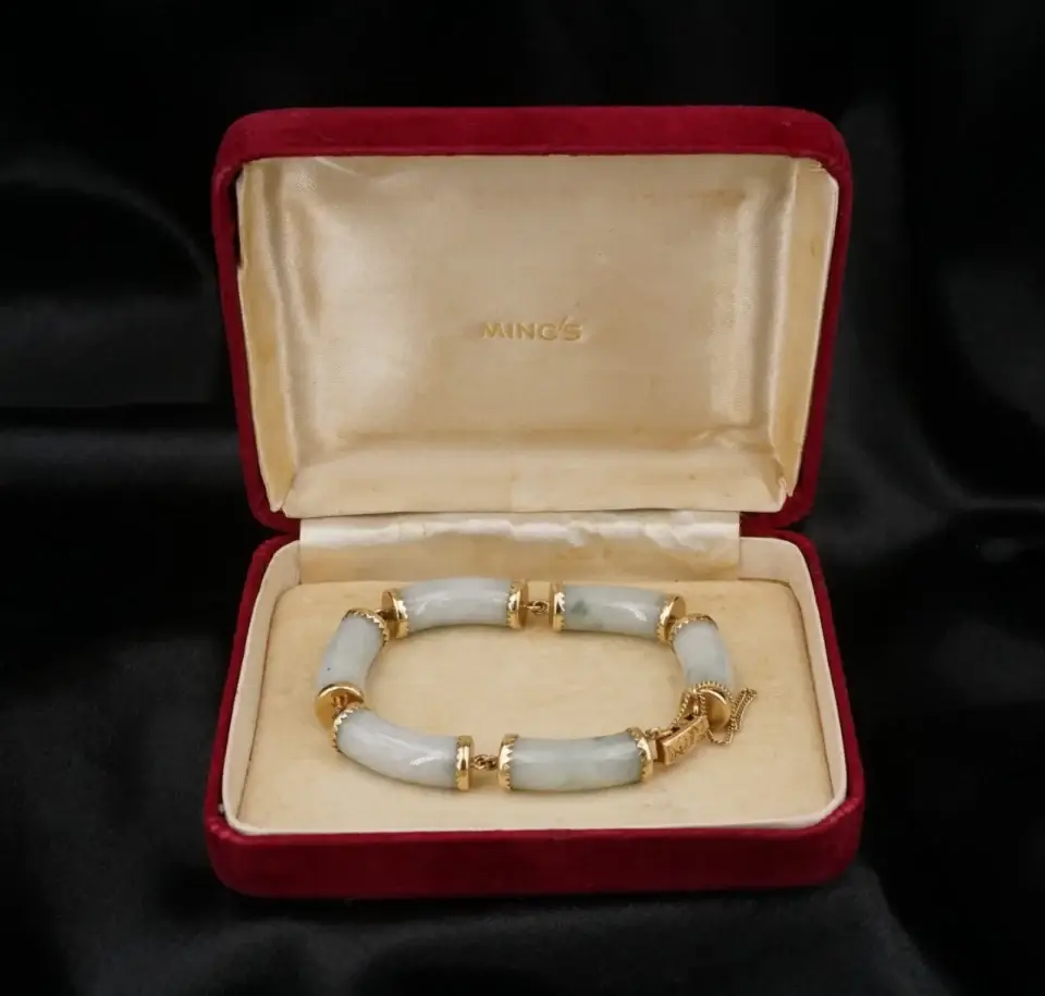 Vintage Ming's Jade Articulated Link Bracelet, 14k Yellow Gold