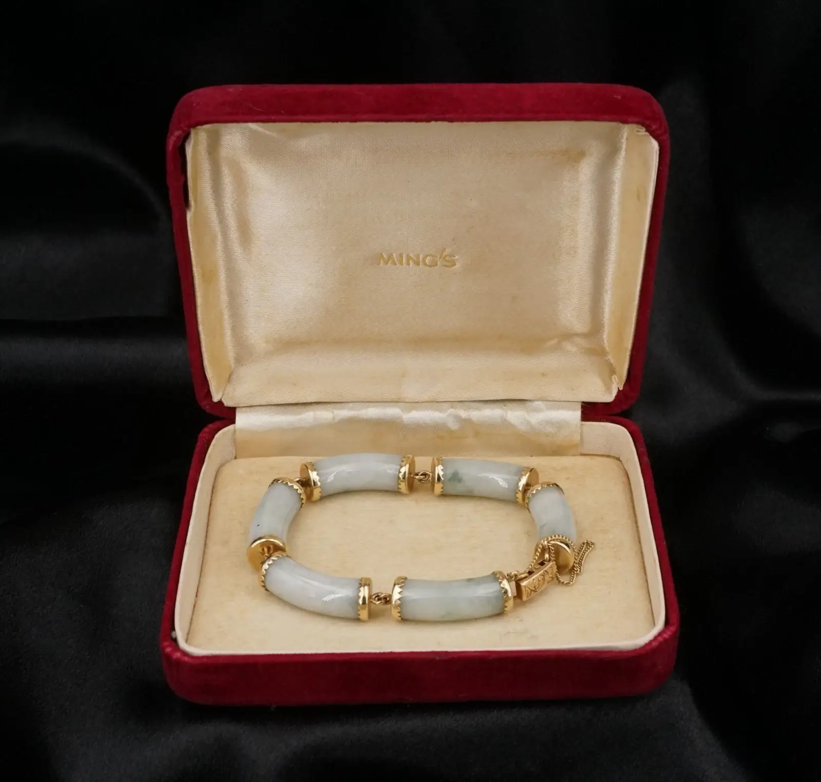 Vintage Ming's Jade Articulated Link Bracelet, 14k Yellow Gold, view 1