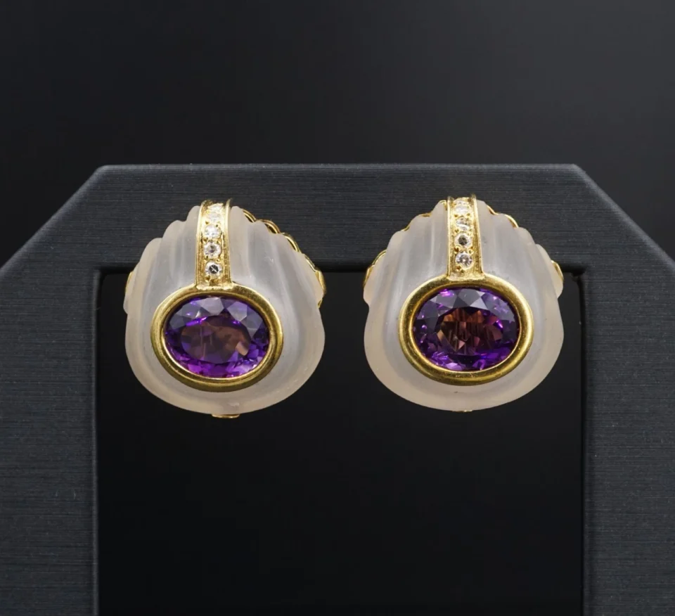 Estate Carved Rock Crystal, Amethyst and Diamond Earrings, 18k Gold, view 2