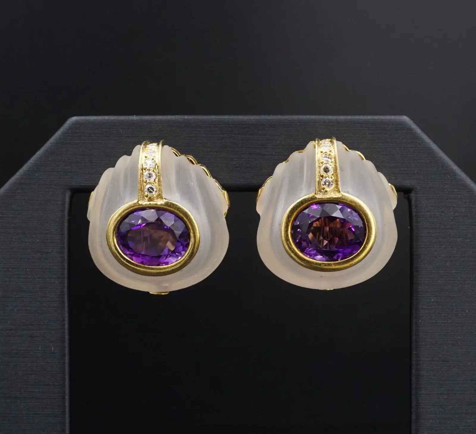 Estate Carved Rock Crystal, Amethyst and Diamond Earrings, 18k Gold, view 2
