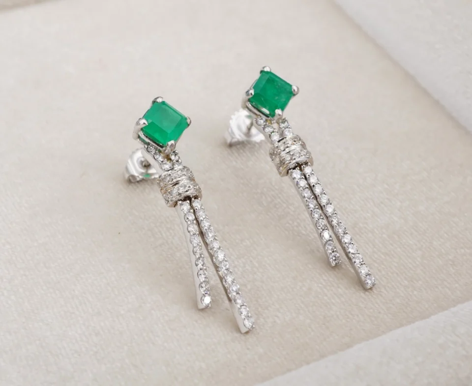 Vintage Natural Emerald and Diamond Drop Earrings, 2.6 Ct, 14k White Gold