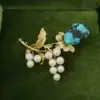 Vintage Turquoise and Pearl Flower Spray Brooch, 14k Yellow Gold, view 2