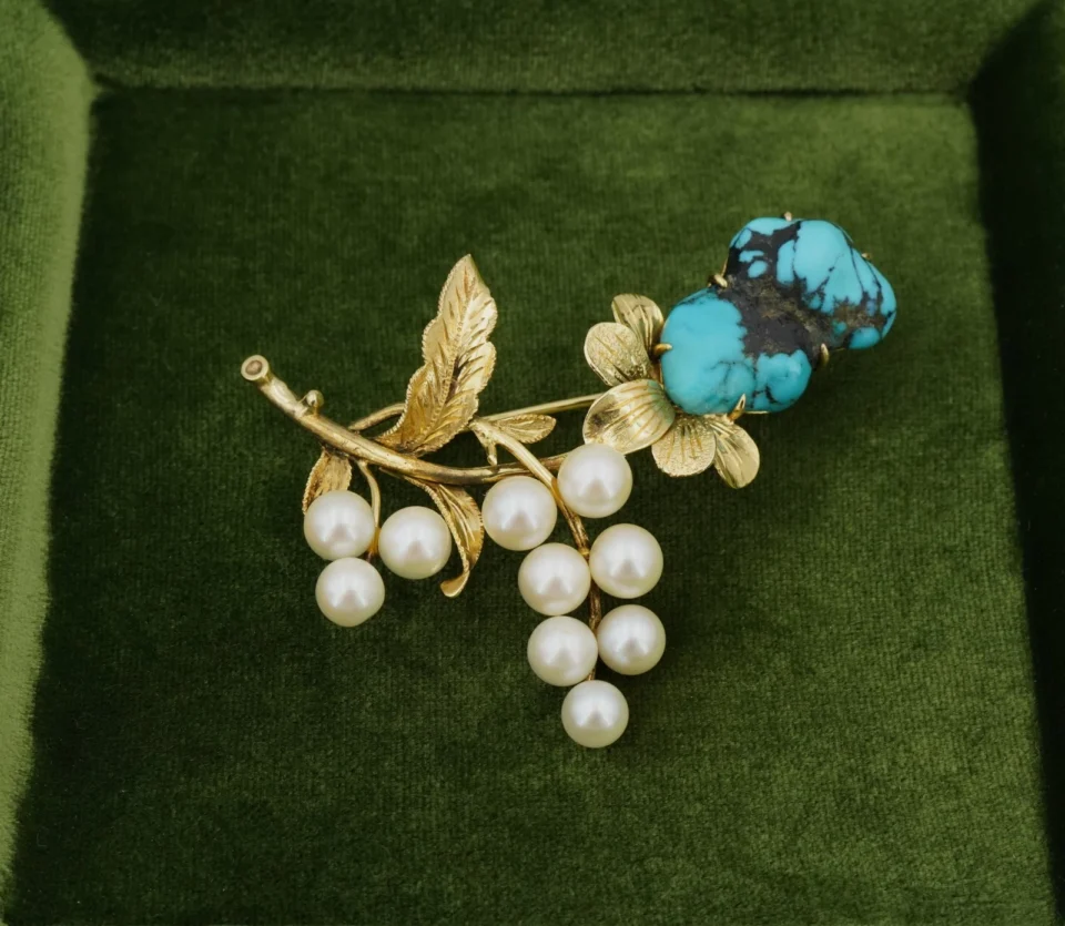 Vintage Turquoise and Pearl Flower Spray Brooch, 14k Yellow Gold, view 2