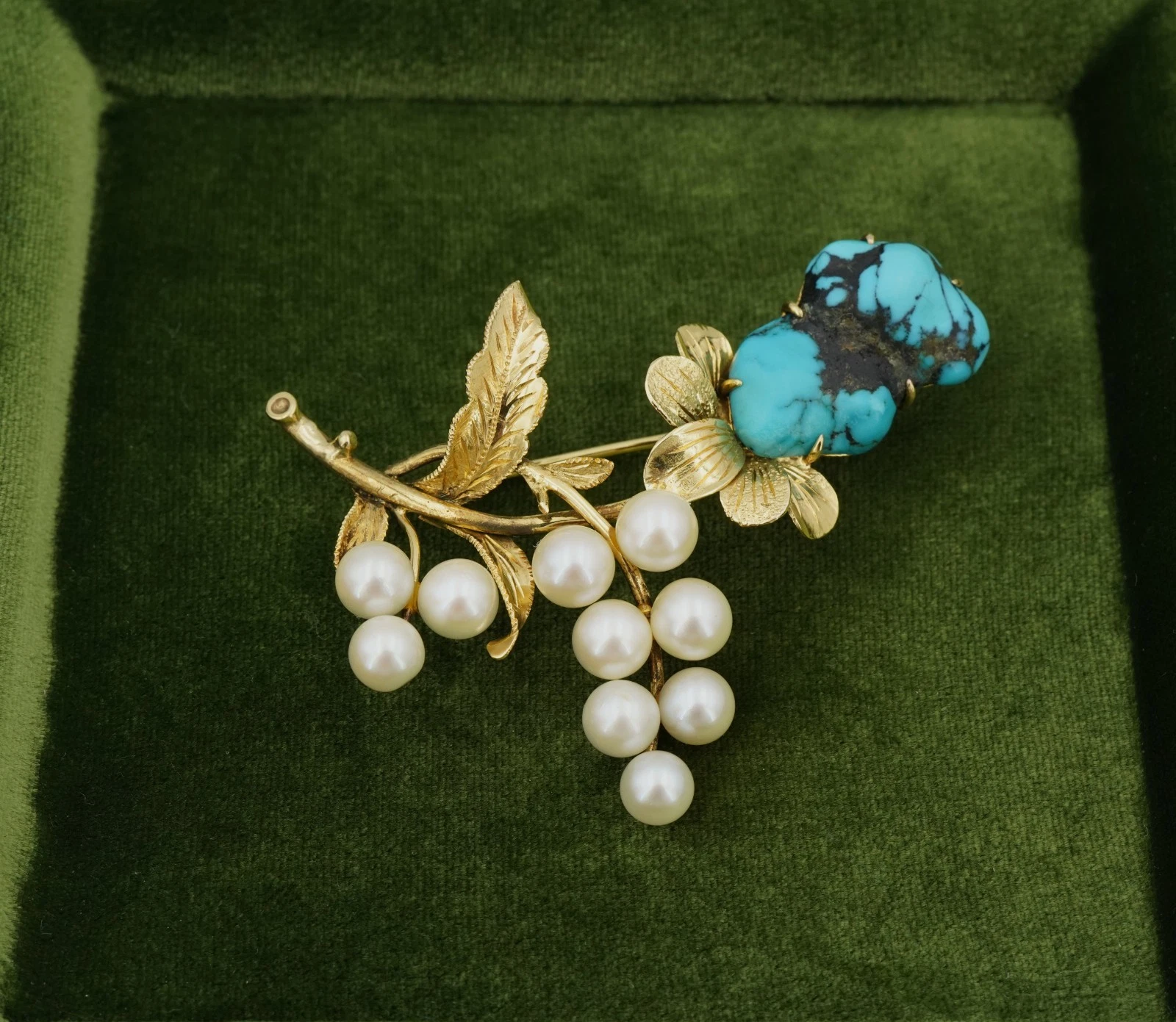 Vintage Turquoise and Pearl Flower Spray Brooch, 14k Yellow Gold, view 2