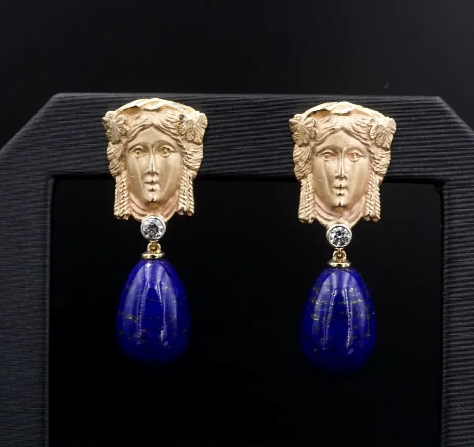 Goddess Repousse Lapis and Diamond Drop Earrings, 14k Yellow Gold