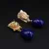 Goddess Repousse Lapis and Diamond Drop Earrings, 14k Yellow Gold, view 3