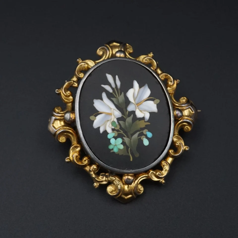 Victorian Pietra Dura Floral Inlay Brooch, 9k Yellow Gold