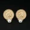 Vintage Roman Coin Style Pearl Drop Earrings, 14k Yellow Gold, view 1