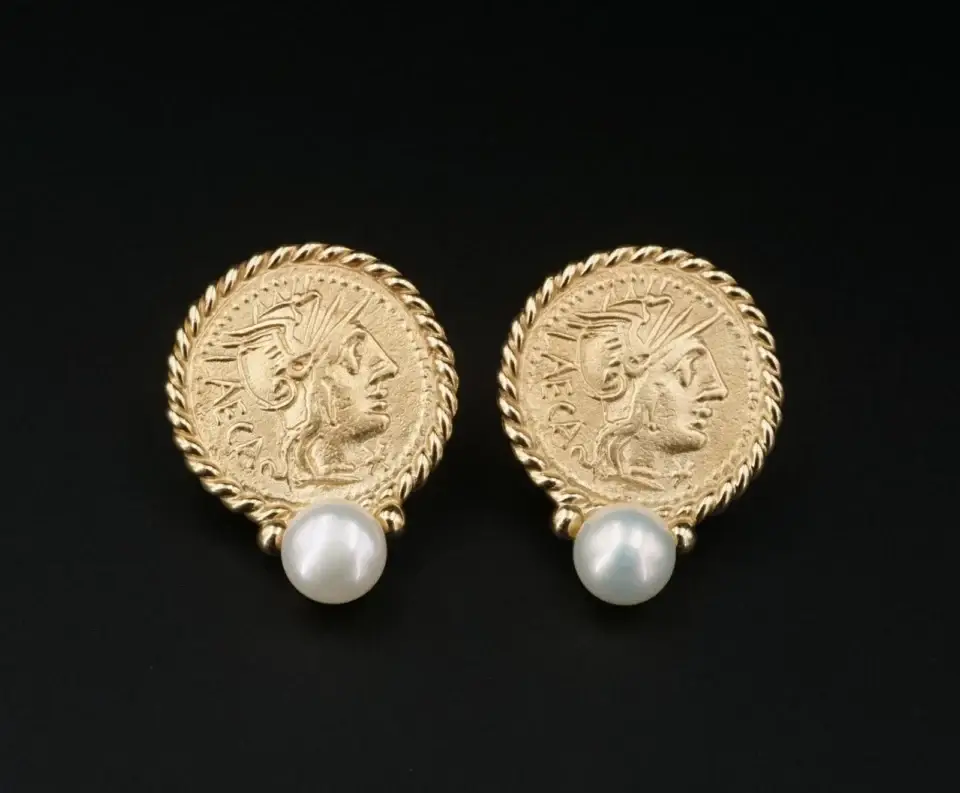 Vintage Roman Coin Style Pearl Drop Earrings, 14k Yellow Gold