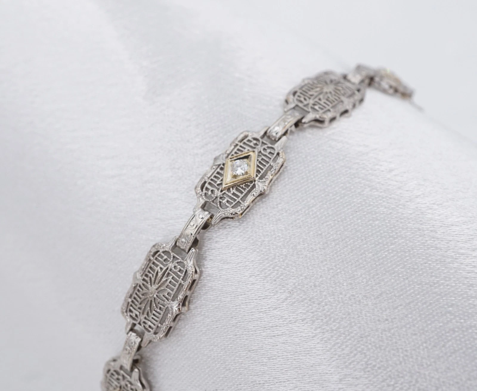 Art Deco Diamond Filigree Panel Bracelet, 14k White Gold, view 4