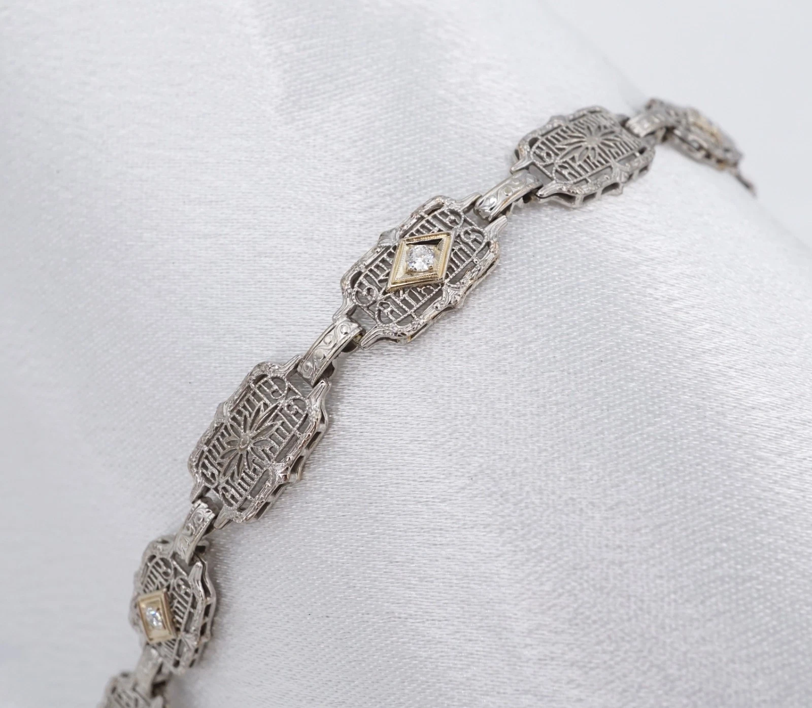 Art Deco Diamond Filigree Panel Bracelet, 14k White Gold, view 3