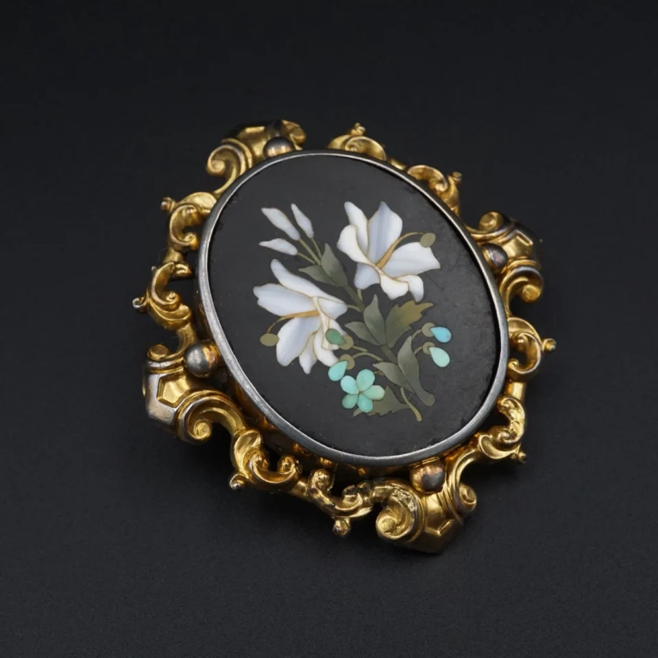 Victorian Pietra Dura Floral Inlay Brooch, 9k Yellow Gold, view 2