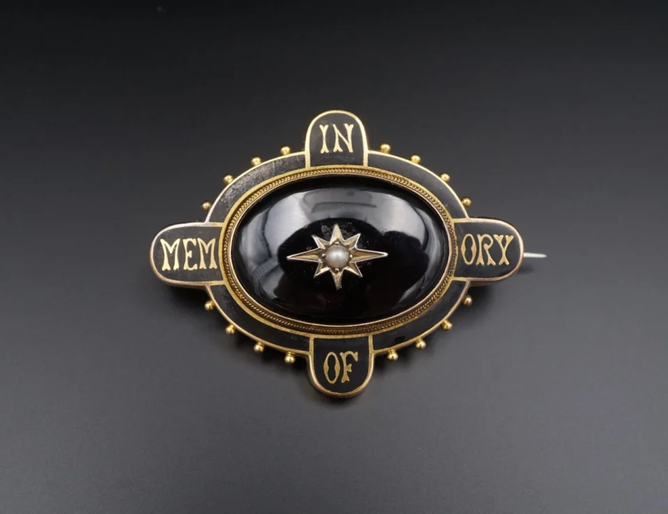 Victorian Onyx and Pearl Mourning Brooch, 10k Yellow Gold, view 2