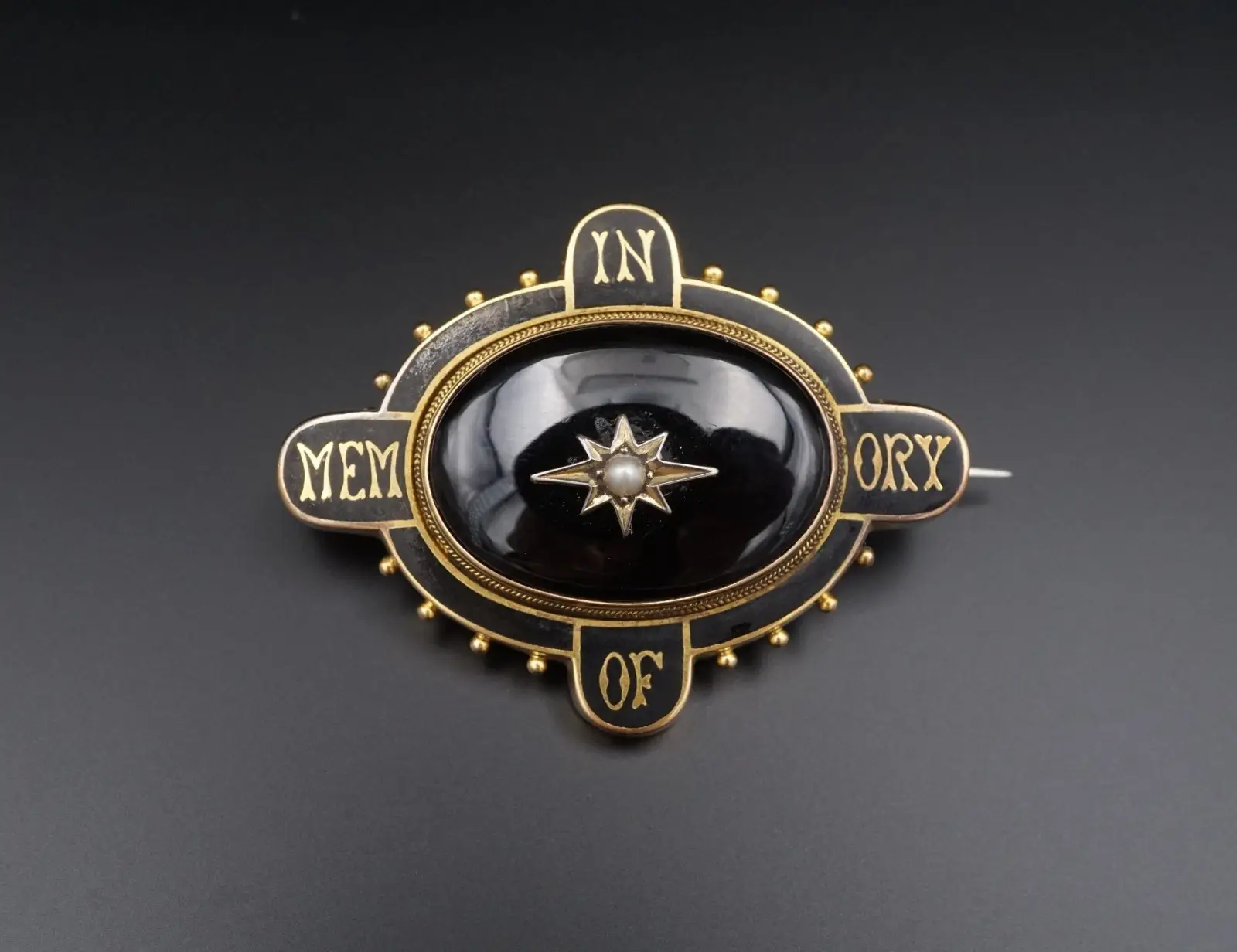 Victorian Onyx and Pearl Mourning Brooch, 10k Yellow Gold, view 2